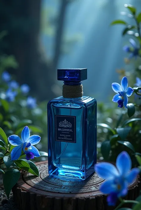 un parfum pour homme à lodeur de myrtille, dorchidée bleue, de lys noire et de bois combiner dans un sublime flacon poser dans un magnifique décor elfique et entourer de myrtilles et dorchidées bleues