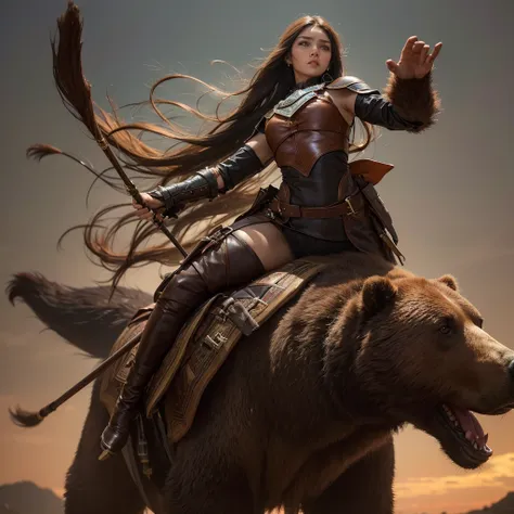 a woman with long brown hair, dark skin, wearing leather armor with wrist and arm straps, stands on the back of a large brown be...