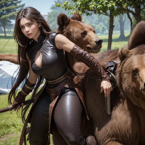 A woman with long brown hair, dark skin, wearing leather armor with wrist and arm straps, stands on the back of a large brown bear. She holds a bow and arrow in her hands, her eyes look straight ahead, showing fierce determination and readiness for battle....