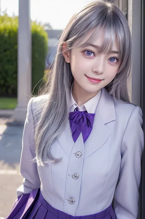 Ultra-realistic、Surreal、Portrait、(Nogizaka46 uniform:1.5)、Sexy smile、(Silver Hair:1.25)、Young, white and glowing skin、Best Looks、Sparkling, clear, attractive blue eyes、She is a very beautiful and lovely girl、Ample breasts