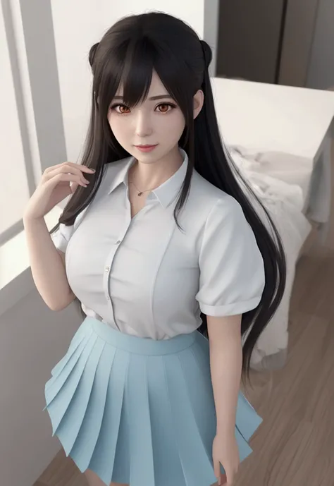 high quality, 4K, In frame, Close-up portrait of a dark-haired woman in a white shirt and light blue skirt, Photorealistic anime girl rendering, Cute 3D Anime Girl Rendering, April Rendering, Anime VTuber Full Body Model, Full body fairy, live2d Virtual Yo...