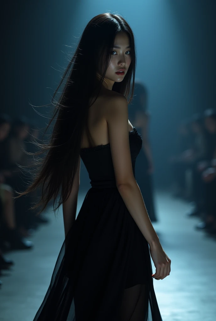 1 asian girl, long flowing black hair, blue eyes, model, thin face, on the catwalk, looking in front of the camera, photo from behind, at night, gloomy mood