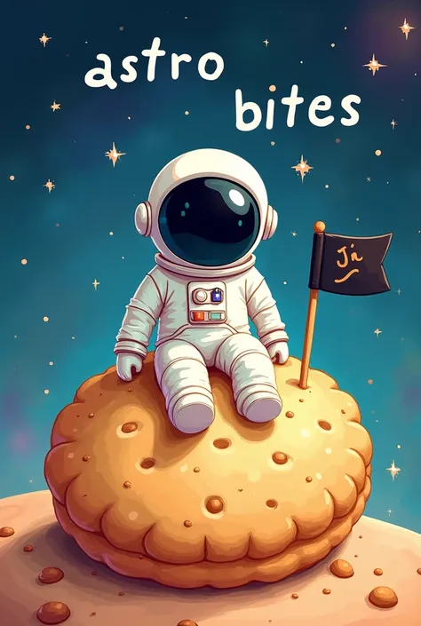 Astronaut in a white outfit, cute child&#39;s drawing, with his helmet closed without showing his face, sitting on top of a biscuit the size of the astronaut with a black flag written on it, astro bites in white. ,with a galaxy backdrop behind with several...