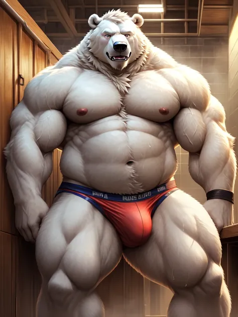 (nsfw), male focus, cel anime, 1man, solo, furry, (folded), ((bulging dirty white jockstrap)), ((Middle-aged polar bear beastie.)), (one polar bears tail), humid, (vulgarity), (Dirty rugby club lockerroom), Muscular, fulffy body, very buff, stocky, sweat, ...