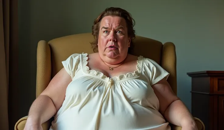 Create an image of Arnold Schwarzenegger as a short, overweight woman wearing a white frock, sitting in a chair. His face should have an exaggerated, funny, and weird expression, emphasizing a comedic and absurd look. The setting should be simple, focusing...