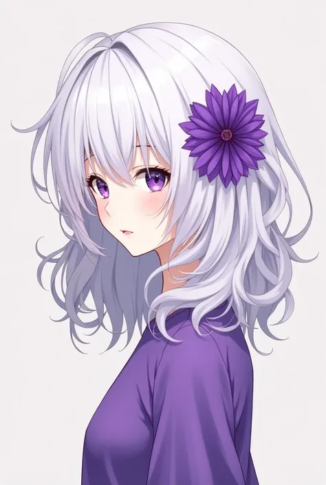 Platinum gyaru hairstyle, faceless, anime style, purple off-white shirt, and purple valk on head.