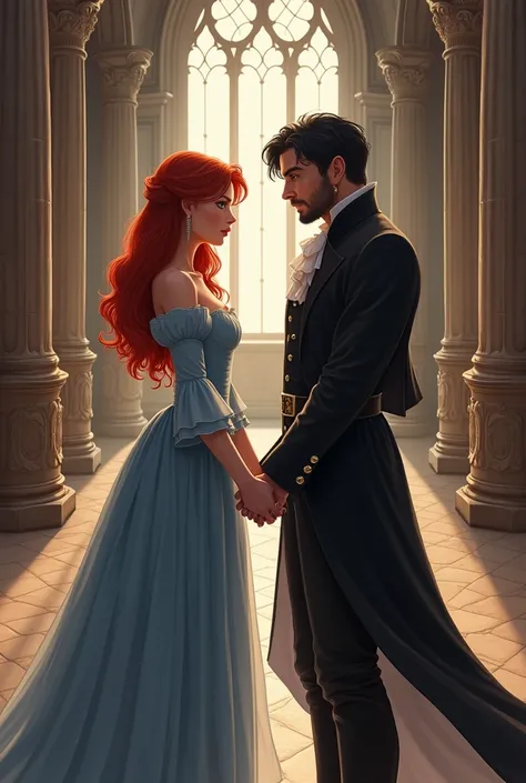 An adult couple holding hands in a castle. The red-haired girl in a light blue dress. The man with black hair and blue eyes wearing classic black clothes. 

NO BEARD NO BEARD NO BEARD NO BEARD. 