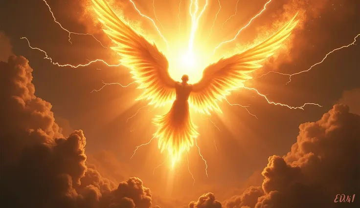 A dramatic scene of a glowing angelic figure (Satanás) being cast down from the heavens by a powerful light, with other angels watching from above. The sky is torn with thunder and fire. ar 16:9