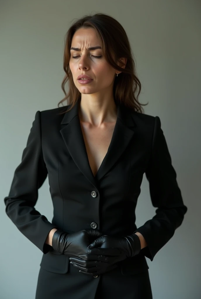 Woman in black suit black gloves stomach ache