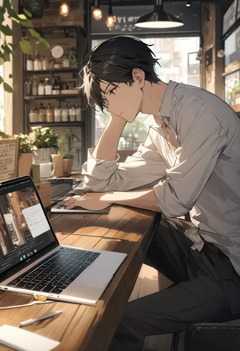 Highest quality、High resolution、Detailed Background、Beautiful face in every detail、macbook、I have a laptop、engineer、White Shirt、male、Black Hair、細いmale性、Cafe