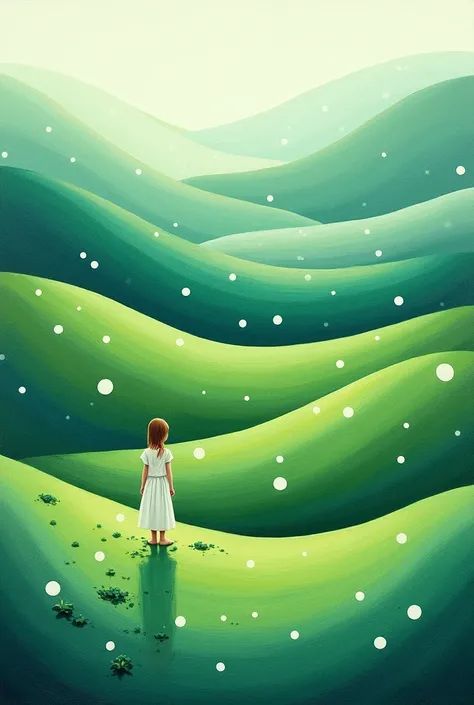 Abstract landscape painting, Stylized green hills，Smooth lines, White polka dot pattern, Small figure in white dress, natural scenery, Vibrant colors, surreal atmosphere, Beautiful curves, Detailed texture, Peaceful Mood, Imaginative design, Top view

