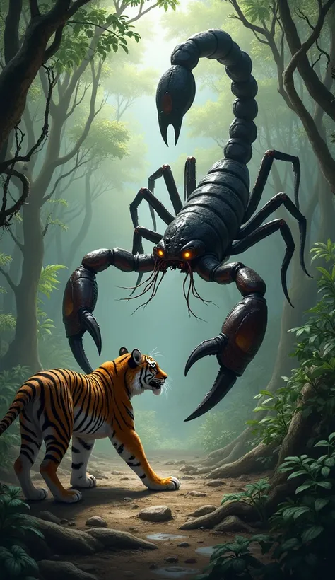 In the heart of the dense jungle, a fierce tiger locks eyes with a monstrous scorpion. The tiger’s sharp claws dig into the ground as it lets out a low growl, while the scorpion’s pincers click in anticipation, its venomous tail raised high, ready to strik...