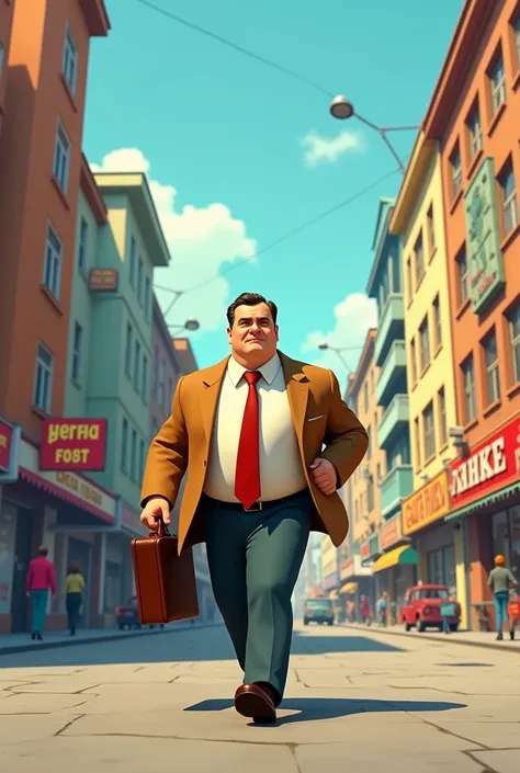 Cartoon in the style of Pixar, the street of the Soviet provincial city of the 70s, a man of solid appearance with a briefcase running.