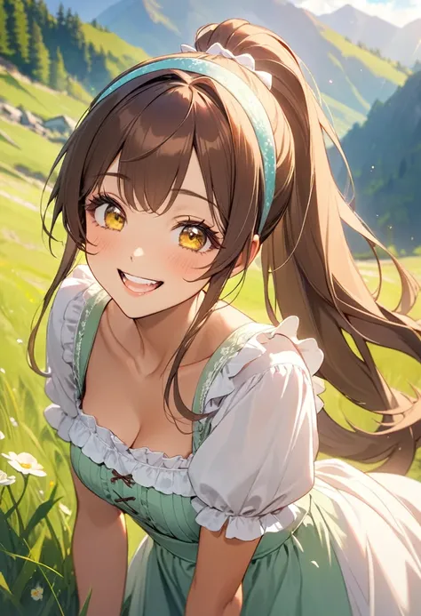 ((best quality)), ((Masterpiece)), (details), Young woman, Medium bust, brown hair, yellow eyes, ((long hair, ponytail)), handsome face, (Tanned skin:1.3), Long eyelashes, Thick eyelashes, Cottagecore Dress, Green Grass Background, mountain, sunlight, Laug...