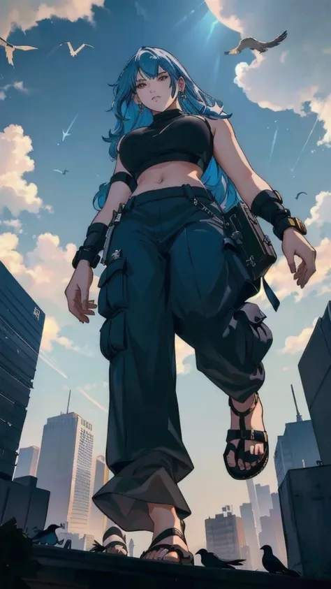 confident, medium-length wavy hair, black crop top, loose-fitting cargo pants, black sandals, dangling earrings, standing with legs apart, looking slightly upwards, outdoors, city skyline, skyscrapers, partly cloudy skies, birds flying, light coming from a...