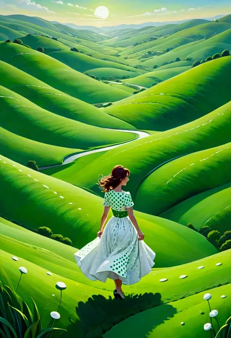 Abstract landscape painting, Stylized green hills，Smooth lines, White polka dot pattern, Small figure in white dress, natural scenery, Vibrant colors, surreal atmosphere, Beautiful curves, Detailed texture, Peaceful Mood, Imaginative design, Top view

