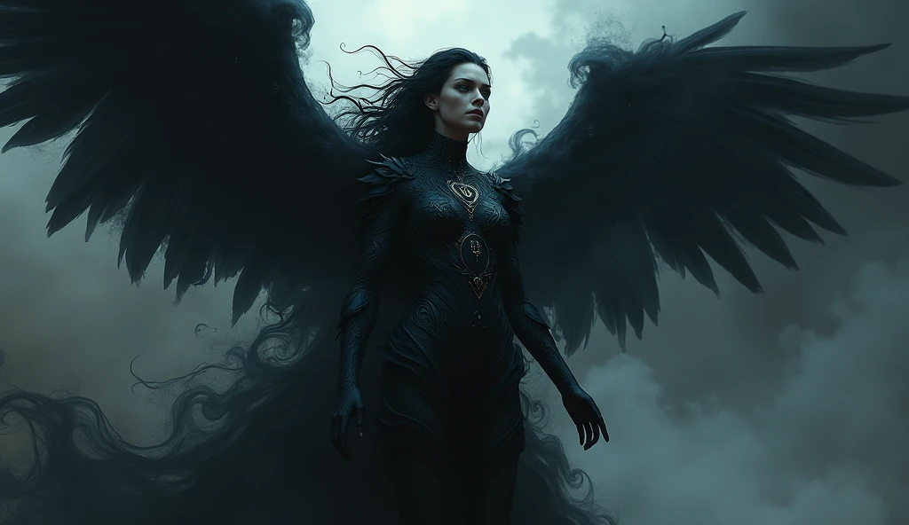 The god of darkness - her face is very beautiful and beautiful - her body is made of black smoke - she is angry and scary - her wings are black from raven feathers - she is the god of devils, elves and orcs