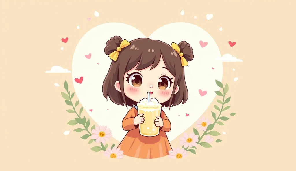 Circular heart in soft colors. big, Round eyes, Drinking melon cream soda with a cute straw. A fizzy element has been added to evoke the taste of carbonation.、Chibi style girl