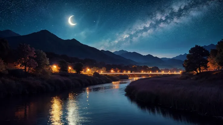 Painting of a river with stars and moon floating in the sky, Concept art inspired by Tosa Mitsuoki, pixiv Contest Winner, Highest quality, Fantasy art, Beautiful anime scene, Golden Moon. Bright Moon, Starry Sky environment under the moonlight, Dream Paint...