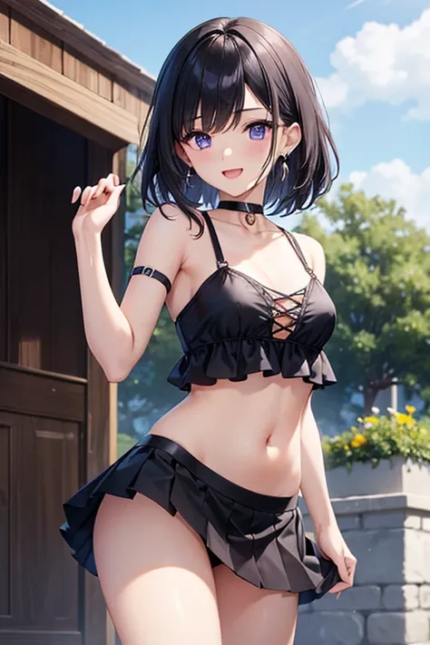 an image two very beautiful female characters in revealing outfits, posing together, multiple girls, outdoors, skirt, smile, 2girls, breasts, blue eyes, open mouth, looking at viewer, ass, covered navel, purple eyes, long hair, day, small breasts, choker, ...