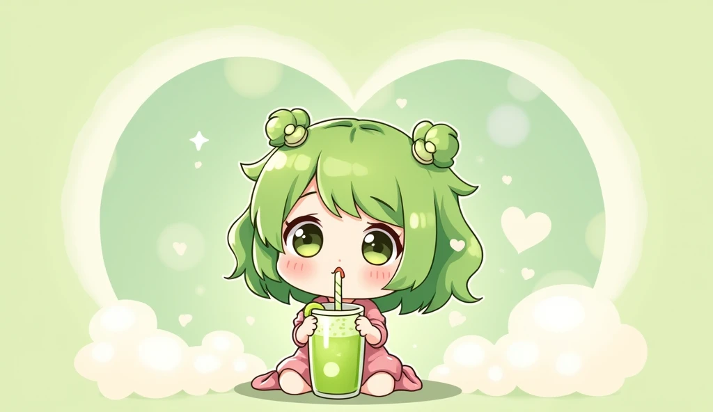 Circular heart in soft colors. big, Round eyes, Drinking green melon cream soda with a cute straw. A fizzy element has been added to evoke the taste of carbonation.、Chibi style girl