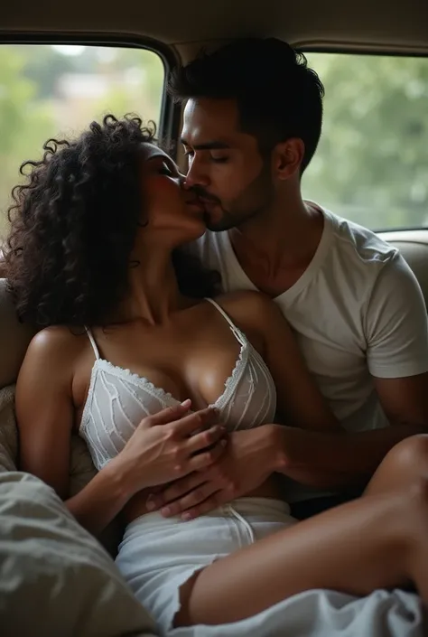 indian threesome sex in car, day scene, discreet, bedroom large windows, extremely detailed, man grabbing her breast, woman wearing white deep neck sheer transparent fully wet top and mini skirt, man wearing t shirt, man grabbing her front breast