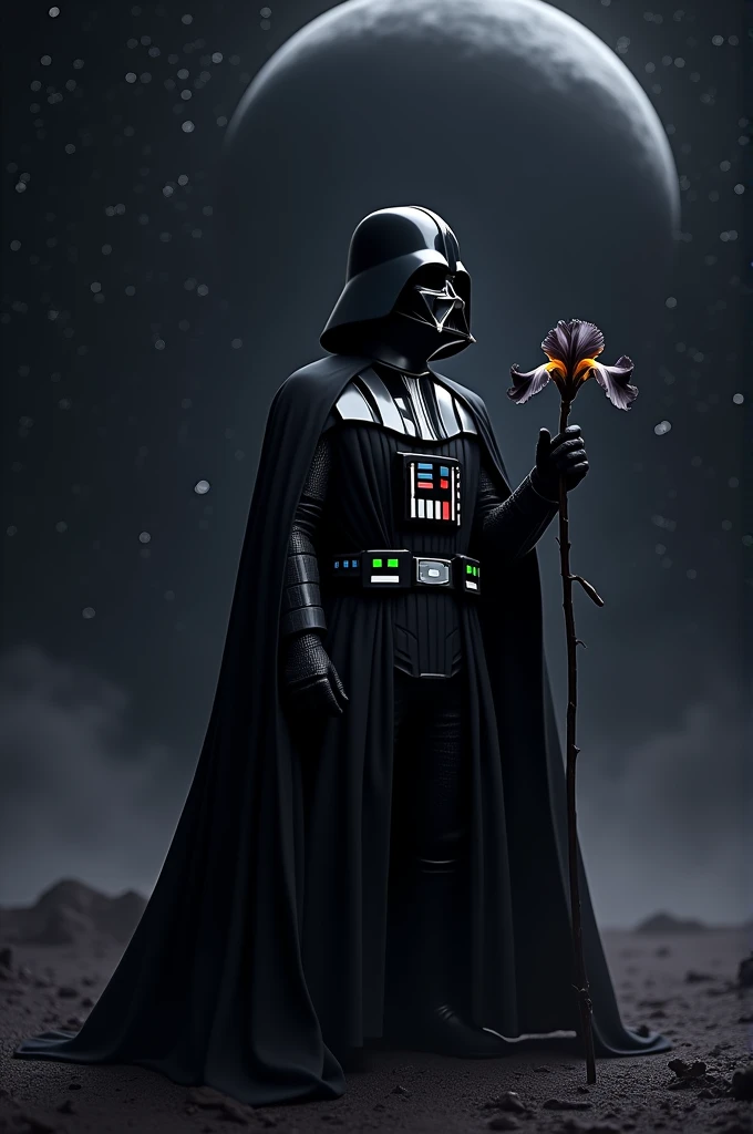 darth vader picking a black iris in space in front of the black star