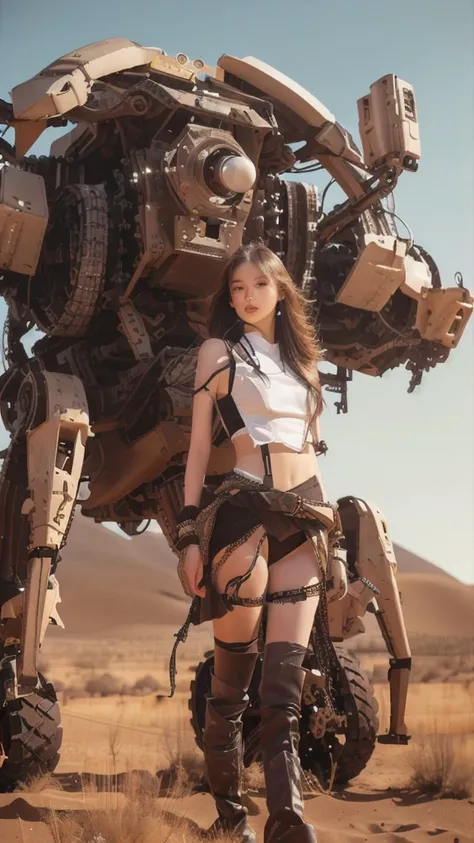 standing, long straight hair, white crop top, black shorts with straps, black boots, no visible accessories, relaxed pose, desert background, mechanical robot, outdoor environment, sunny lighting, light from right, warm and adventurous atmosphere, front vi...