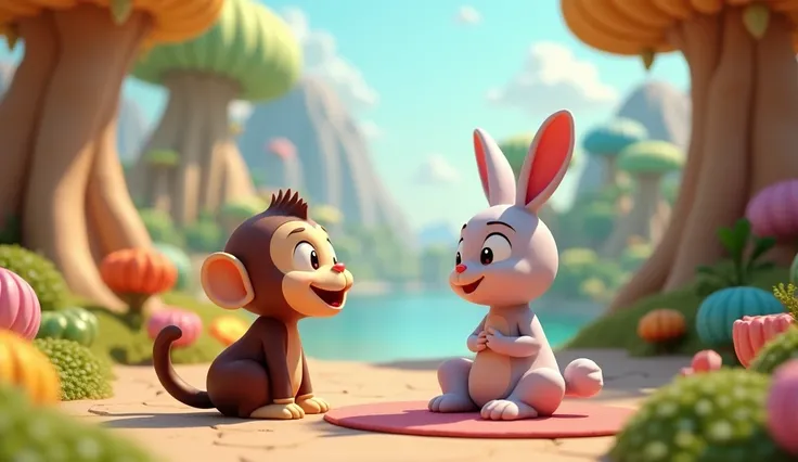 Monkey and a wise rabbit 3D cartoon