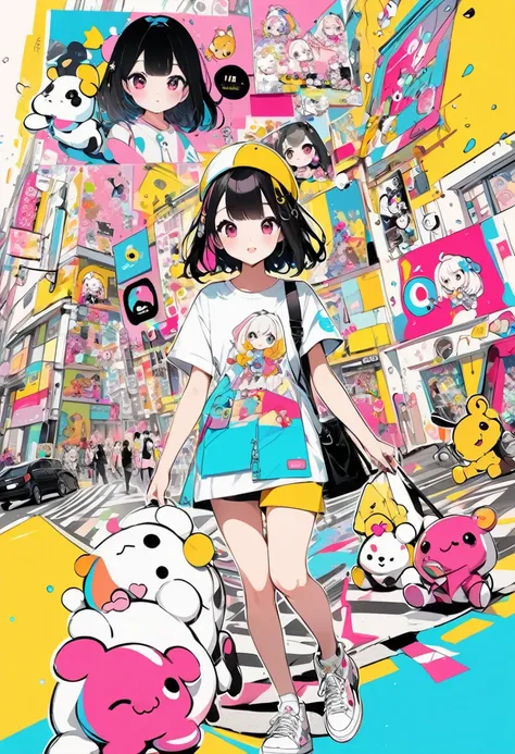 (masterpiece, best quality),pop-style art, kawaii,chibi-girl walking through a doodle-like street,cheerful,
,splash color, collage art, contemporary artistic collage,