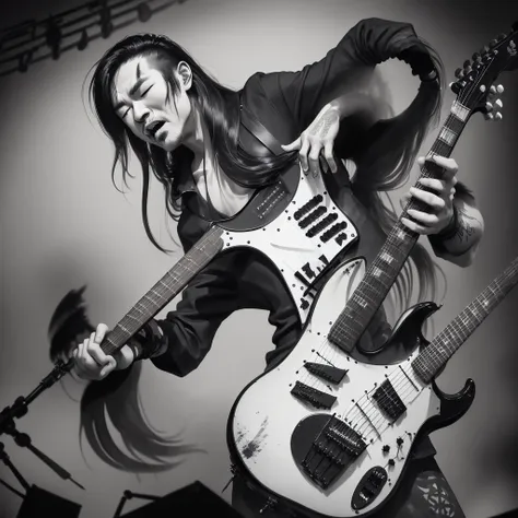 chinkstyle, ink painting, monochrome, man playing electric guitar on stage, long hair covering face, headbanging, goth, masterpi...