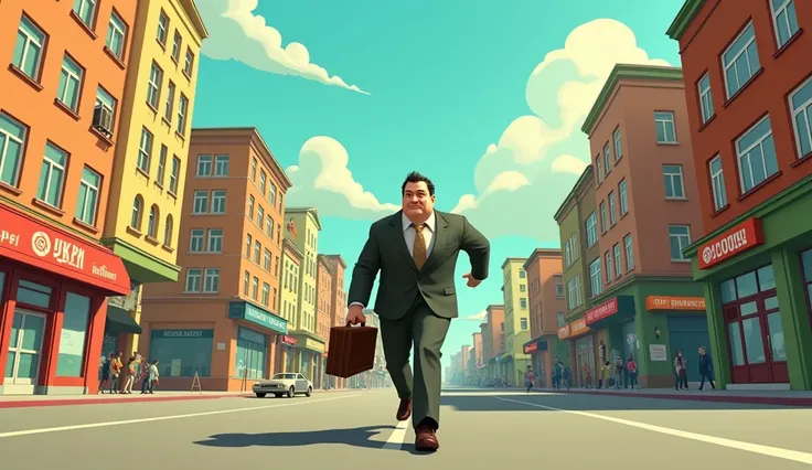 Cartoon in the style of Pixar, the street of the Soviet provincial city of the 70s, a man of solid appearance with a briefcase running.