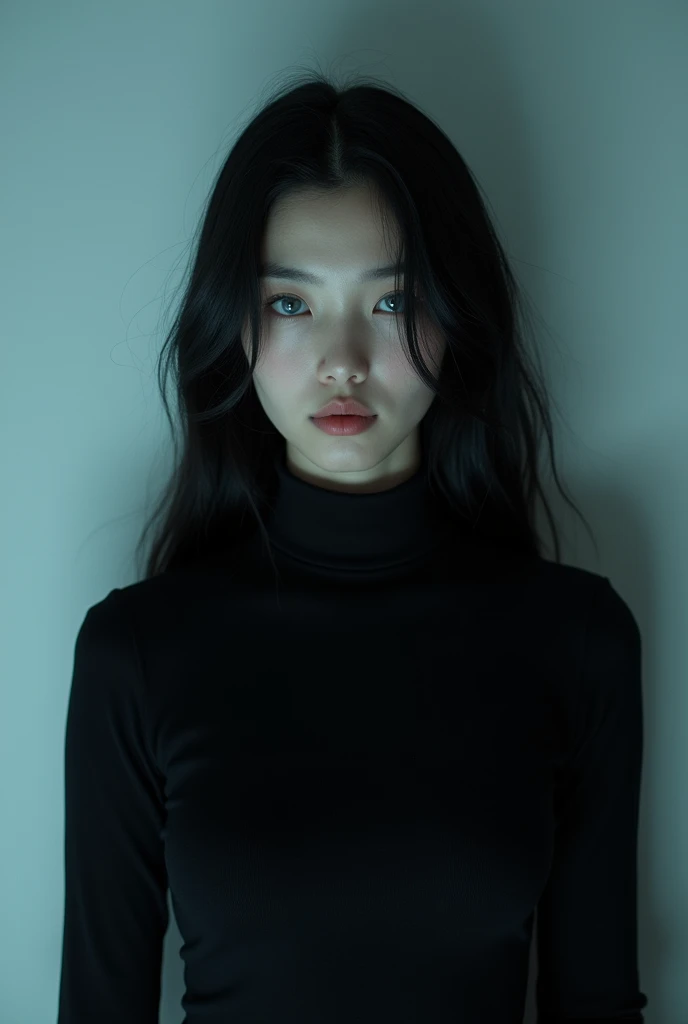 1 asian girl, long flowing black hair, blue eyes, model, thin face, white wall, no decoration, looking in front of the camera, photo from behind, at night, gloomy mood