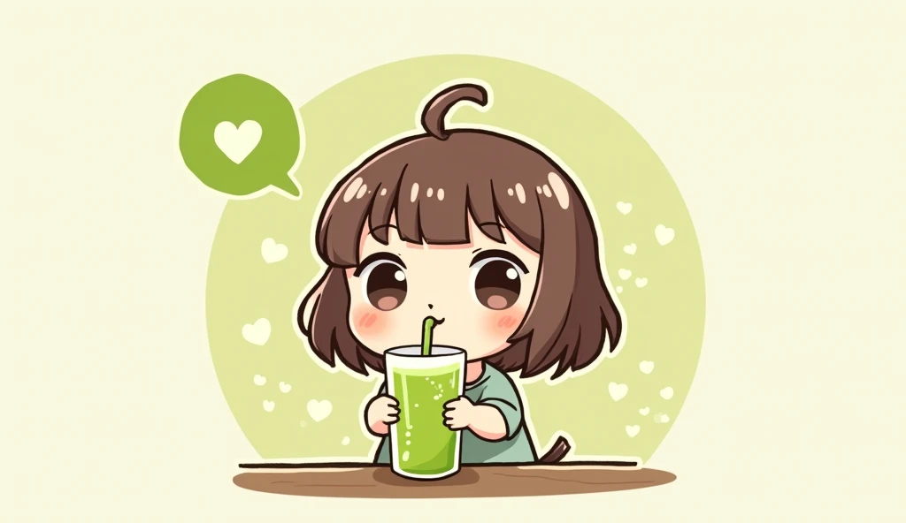 Circular heart in soft colors. big, Round eyes, Drinking green melon cream soda with a cute straw. A fizzy element has been added to evoke the taste of carbonation.、Chibi-style brown-haired girl