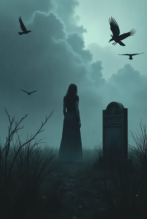 women (face backwards) in cloudy, rainy field, with crows Surrounding her, and tombstone that says ‘here lies Betelgeuse’