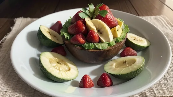 a plate on a table with strawberries, bananas and avocado, highlighting its beauty.