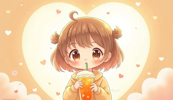 Circular heart in soft colors. big, Round eyes, Drinking melon cream soda with a cute straw. A fizzy element has been added to evoke the taste of carbonation.、Chibi style girl