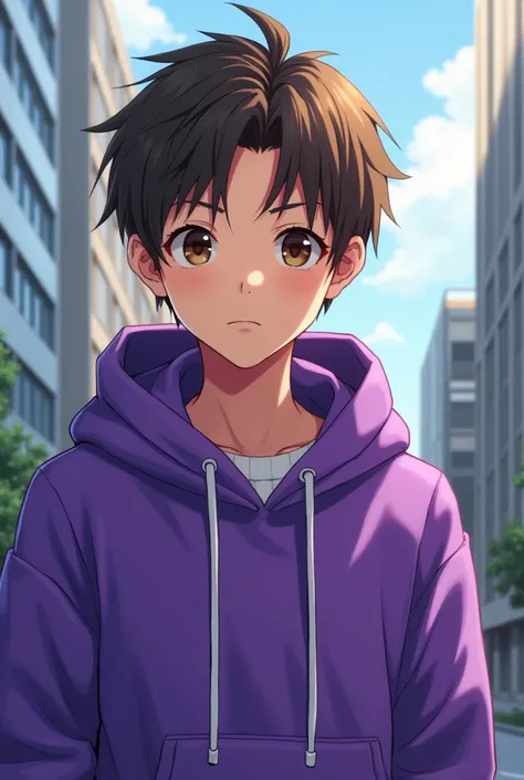 A Brown haired brown eyed japanese Teenagerboy with purple hoodie 