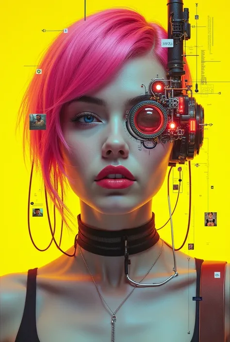 A sci-fi collage style photo of a futuristic digital portrait of a woman with half of her face made of cybernetic elements. The woman has vibrant pink hair and wears high-tech fashion and accessories. The background is a vibrant yellow gradient. Abstract d...