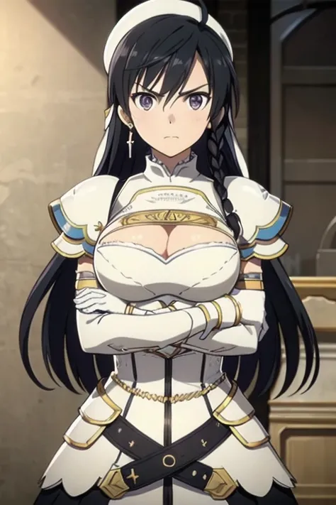 Sonia Blanche, purple eyes, long hair, (very dark brown hair), (black hair), cross earrings, hair ornament, veil, armored dress, pauldrons, breastplate, gauntlets, belt, skirt, greaves, (white beret), 1girl, solo, upper body, (big breasts), facing viewer, ...