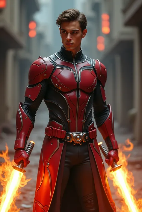   A young, dynamic superhero in his early 20s stands confidently, wielding two flaming swords. He has a lean, athletic build with well-defined muscles, showing agility and strength. His warrior suit is a dark-red, futuristic armor made of lightweight, adva...