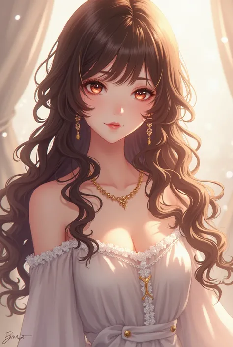 Anime character with white skin color and long brown curly hair down to the waist 