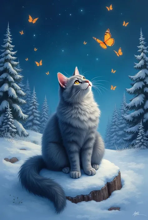 Painting with a cat, sitting on a rock in the snow, butterfly in the sky, butterflies fly to the sky, cat looks at butterflies, A starry sky, inspired Marcos Keatley, Large Anthropomorphic Maine, Brian Thomas, por Cynthia Sheppard, Beautiful photo from abo...