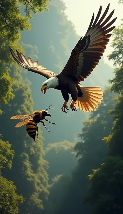 High above the treetops, an eagle circles in the sky, its sharp talons gleaming in the sunlight. Below, a massive wasp hovers menacingly, its stinger ready. The eagle lets out a cry as it swoops lower, while the wasp buzzes aggressively, both preparing for...