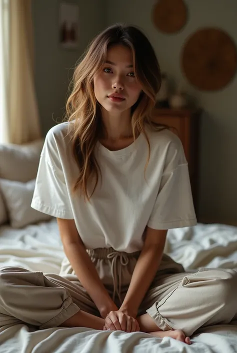 (photorealism:1.2), beautiful woman, sitting on bed,legs spread apart,home trousers,over sized tshirt,sexy figure