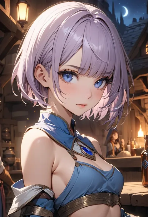 ((best quality)), ((Masterpiece)), (details), 1 woman, small breasts, light purple hair, blue eyes, ((short hair)), Bangs , Beautiful face, Beautiful skin, Long eyelashes, Thick eyelashes, In the tavern ,Fantasy, Female Adventurer, harem, nighttime,armor, ...