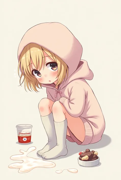 Anime girl, cute, yogurt spilled over her legs, blushed, shaking, sitting on ground, hoodie, only sweater and over knee socks, cute, blushed face