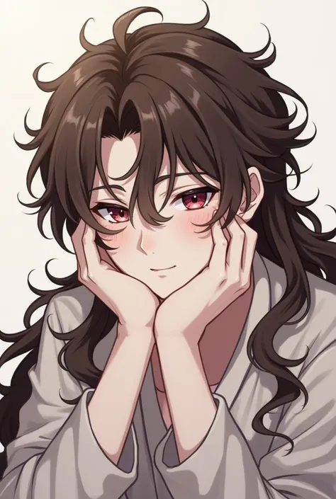 Anime character with white skin color and long brown curly hair down to the waist with his face resting on his hand 