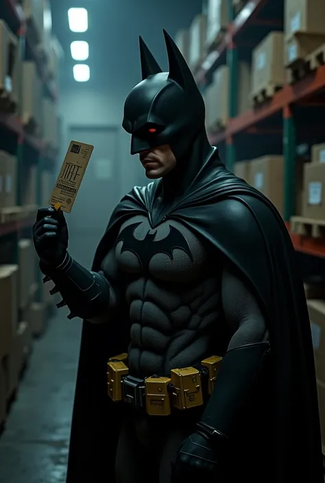 Make a picture of Batman holding a work card in his hand. He is in a warehouse. Hes wearing a cap