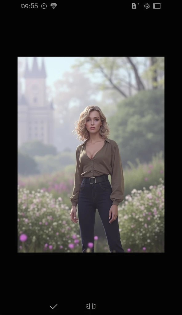 (masterpiece:1.2), (best quality:1.2), perfect eyes, perfect face, perfect lighting, 1girl, mature female in a field, medium blond hair, curly hair, detailed clothes, detailed outdoor background, makeup, eyeshadow, thick eyelashes, fantasy, looking at the ...